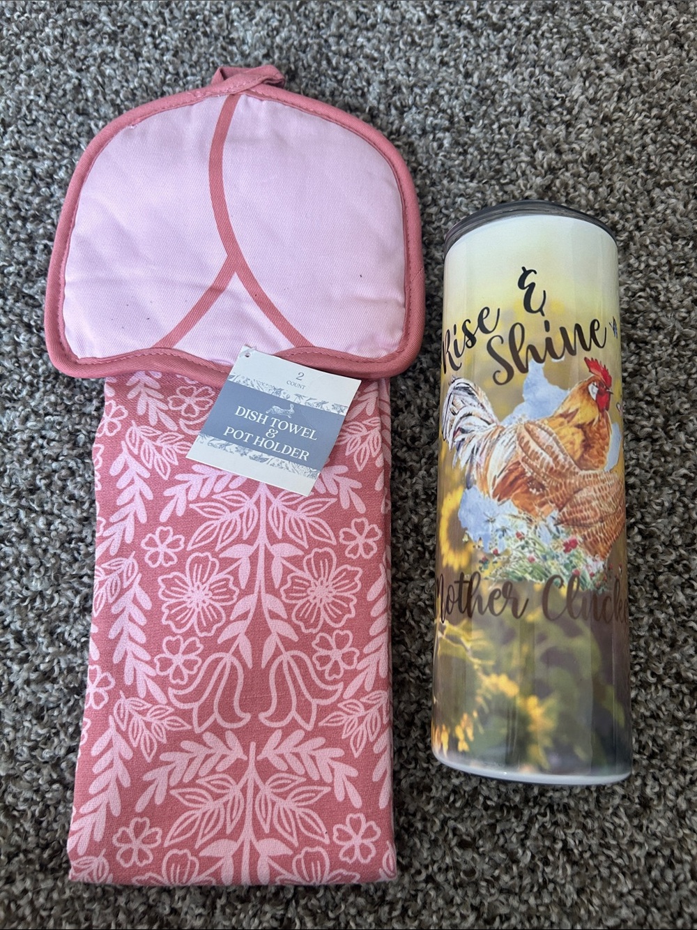 Pink Floral Dish Towel set and Rise and shine mother cluckers tumbler bundle